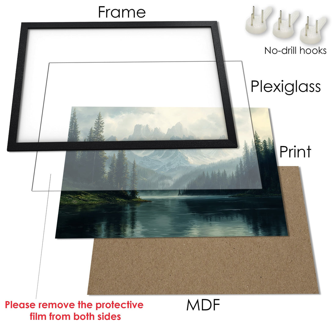 Framed Poster of a serene landscape with mountains and lake. Calm, nature-inspired art in cool, muted tones. Perfect wall decor.