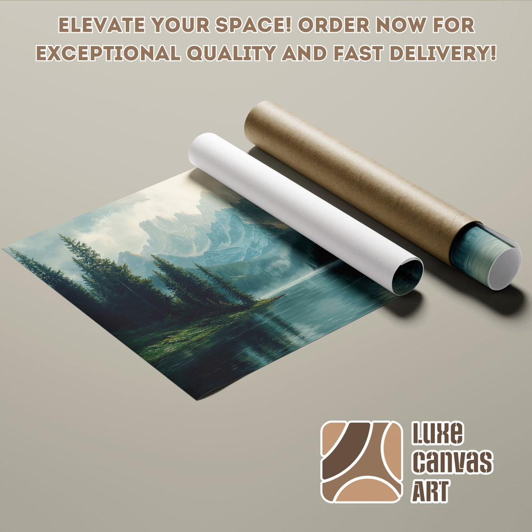 Poster Roll featuring a serene landscape in cool blue and green tones. Perfect wall art!