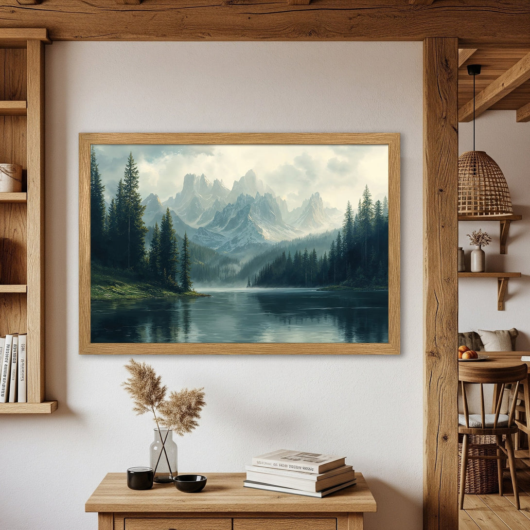 Framed Poster of a serene mountain lake scene in cool blues and greens, perfect for adding a touch of nature to your home.