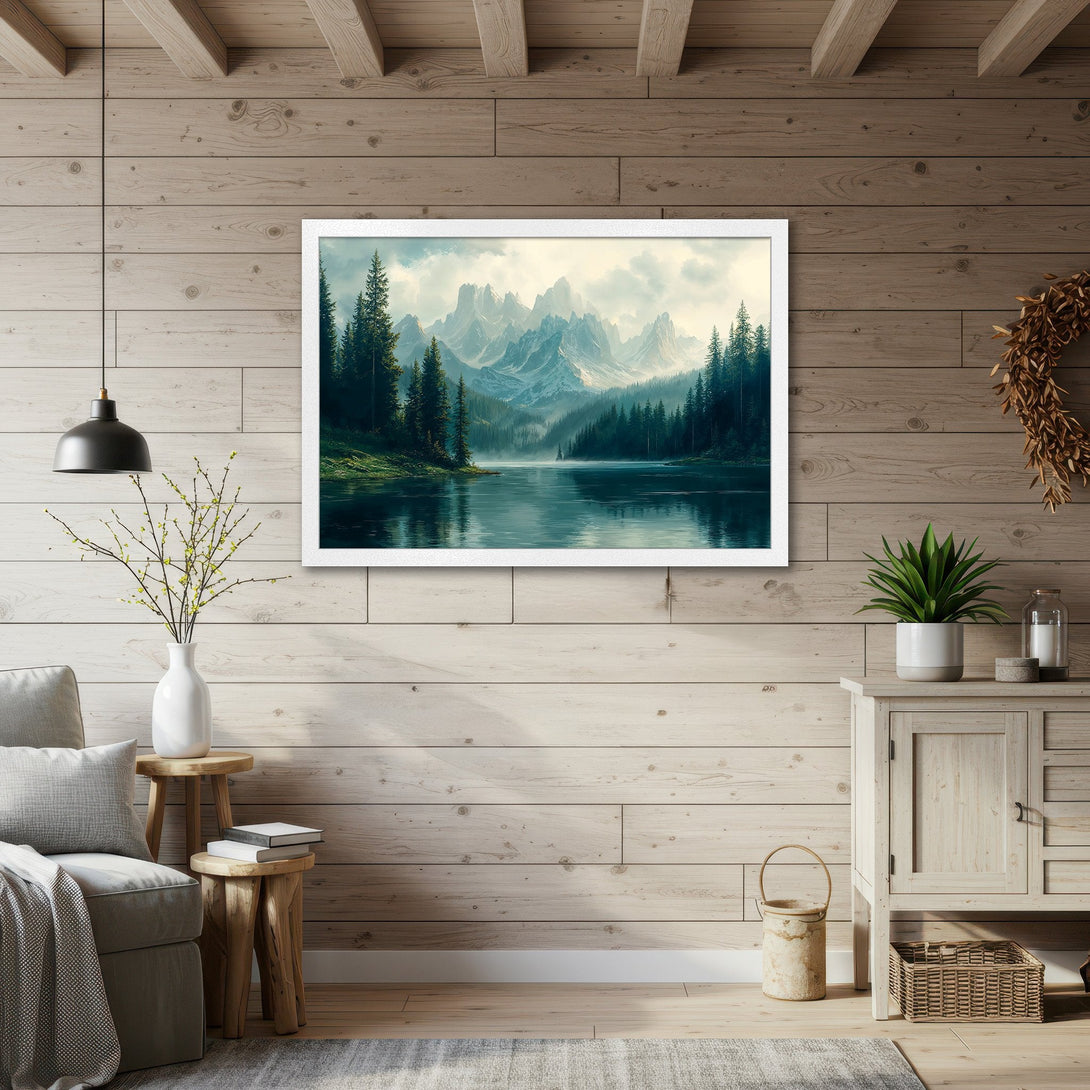 Framed Poster of a serene mountain lake scene in a calming, natural style with a cool blue and green color palette. Perfect wall art!