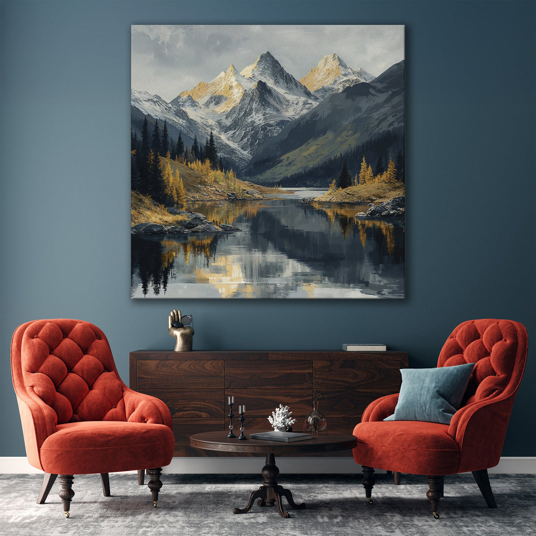 Framed Wall Art: Majestic mountain landscape Canvas Print with gold frame. Features a serene lake, golden hues, and a calming, neutral palette. Perfect for home decor.