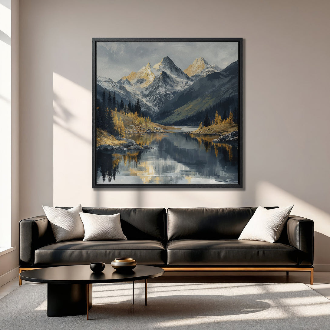 Framed Wall Art: Mountain landscape Canvas Print in a modern living room. Featuring a serene lake, gold, gray, and black color palette. Perfect home decor.