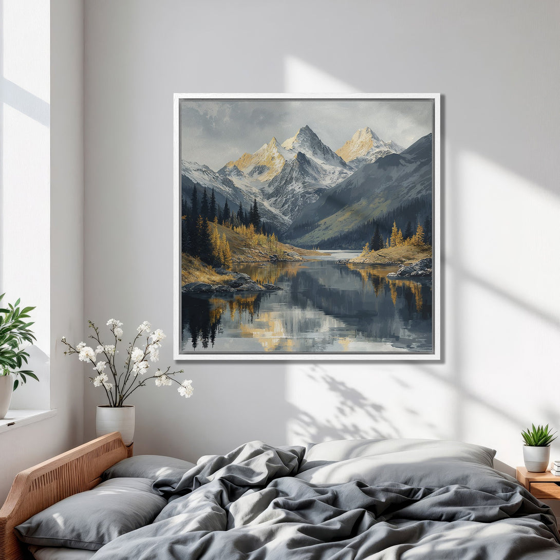 Framed Wall Art of a serene mountain lake scene. Neutral and gold color palette. Perfect for bedroom decor. Add tranquility with this Canvas Print.