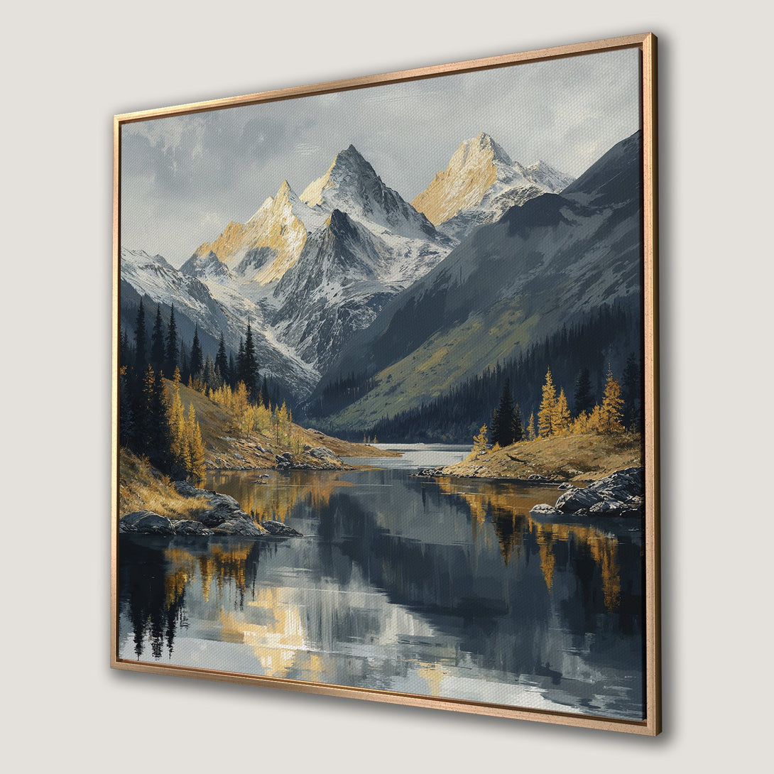 Framed Wall Art: Mountain landscape Canvas Print. Serene nature scene with cool blues, greens, and golden hues. Bring the outdoors in!
