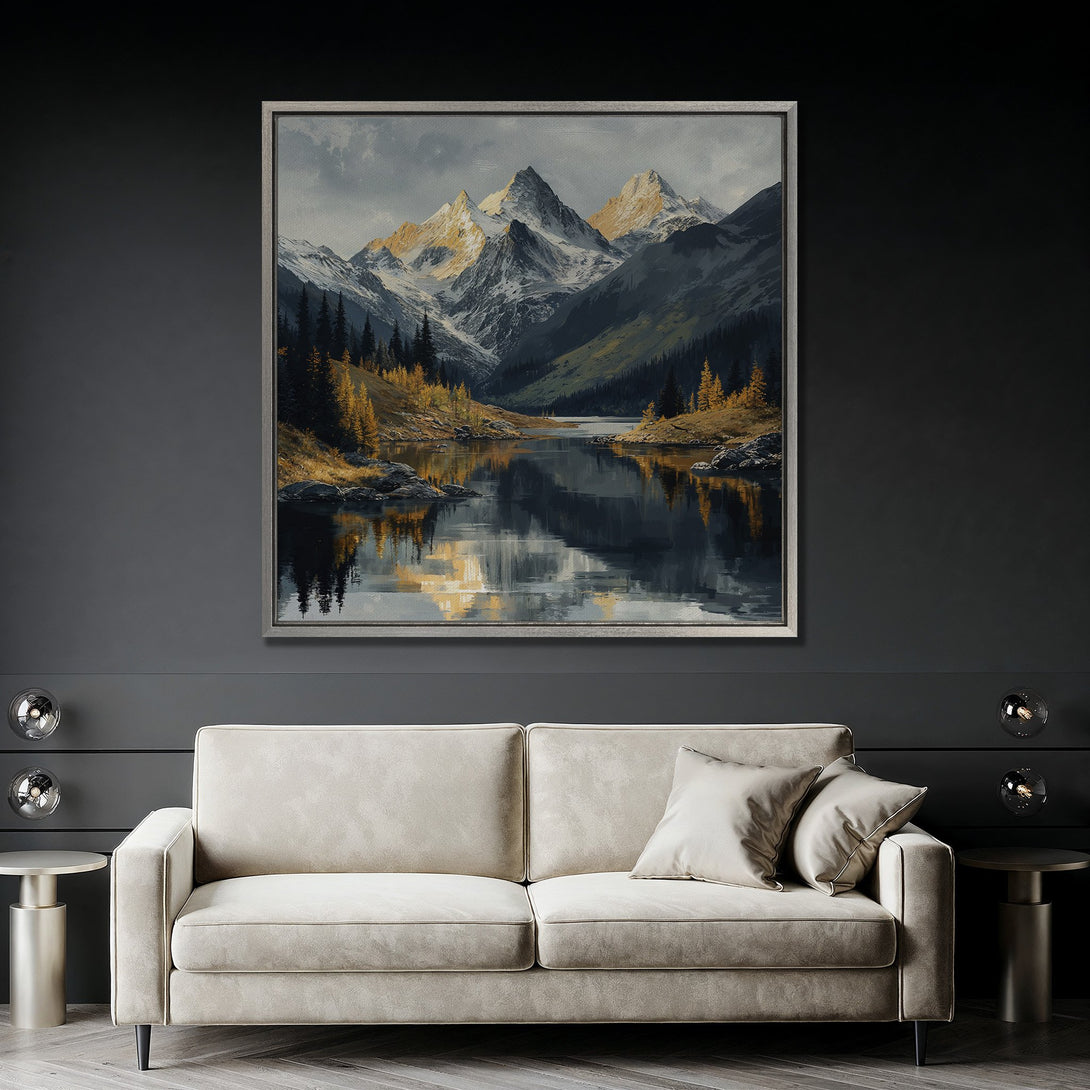 Framed Wall Art: Mountain landscape Canvas Print in cool tones. Perfect for living room decor. Enhance your space with this stunning artwork!