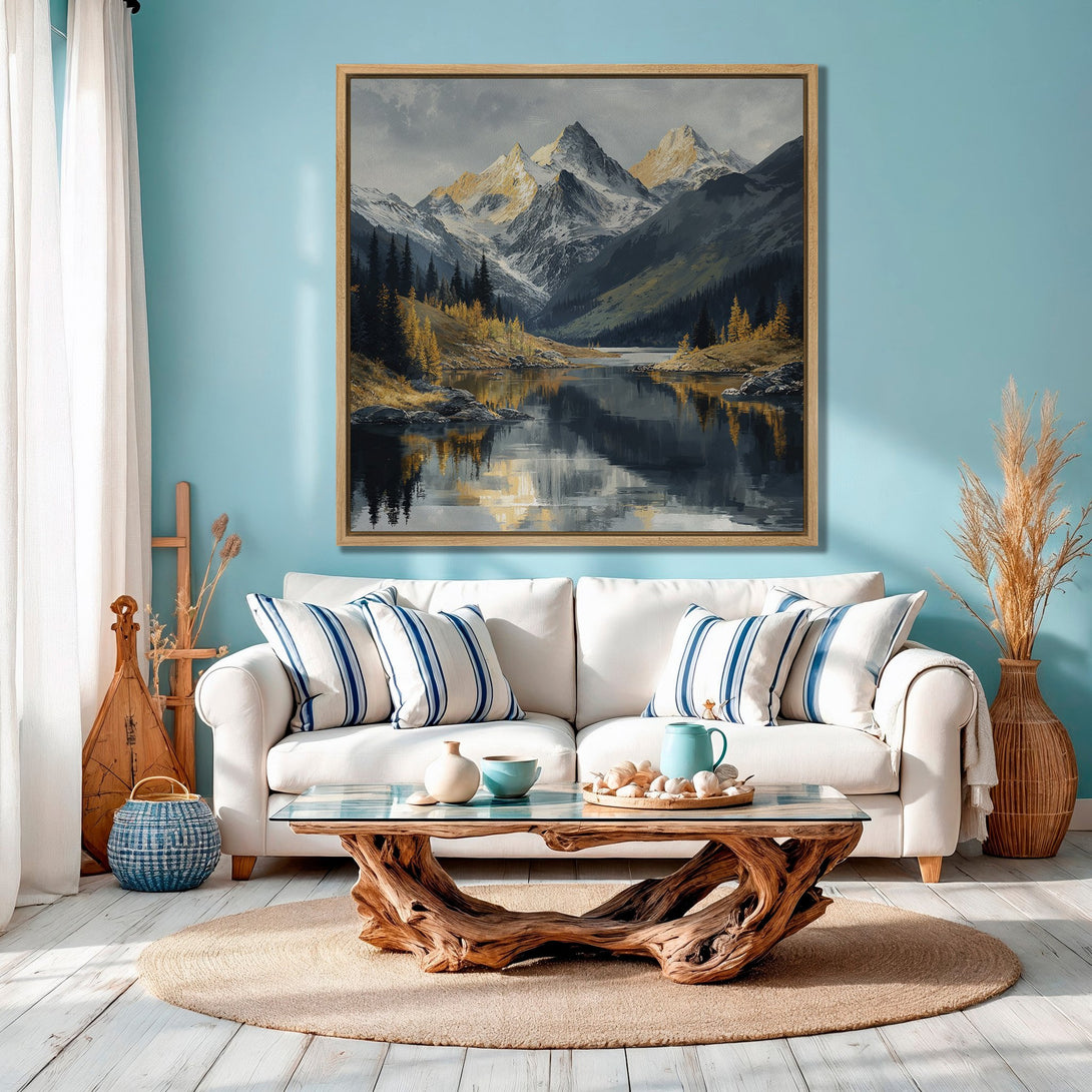 Framed Wall Art: Majestic mountain landscape Canvas Print in a serene interior. Features a cool, natural color palette with blues, greens, and golds. Perfect home decor!