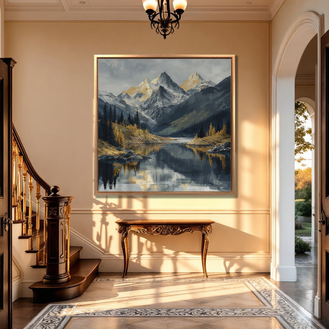 Framed Wall Art: Mountain landscape Canvas Print with cool blues, greens, and golds. Perfect for adding a touch of nature-inspired elegance to your home decor.