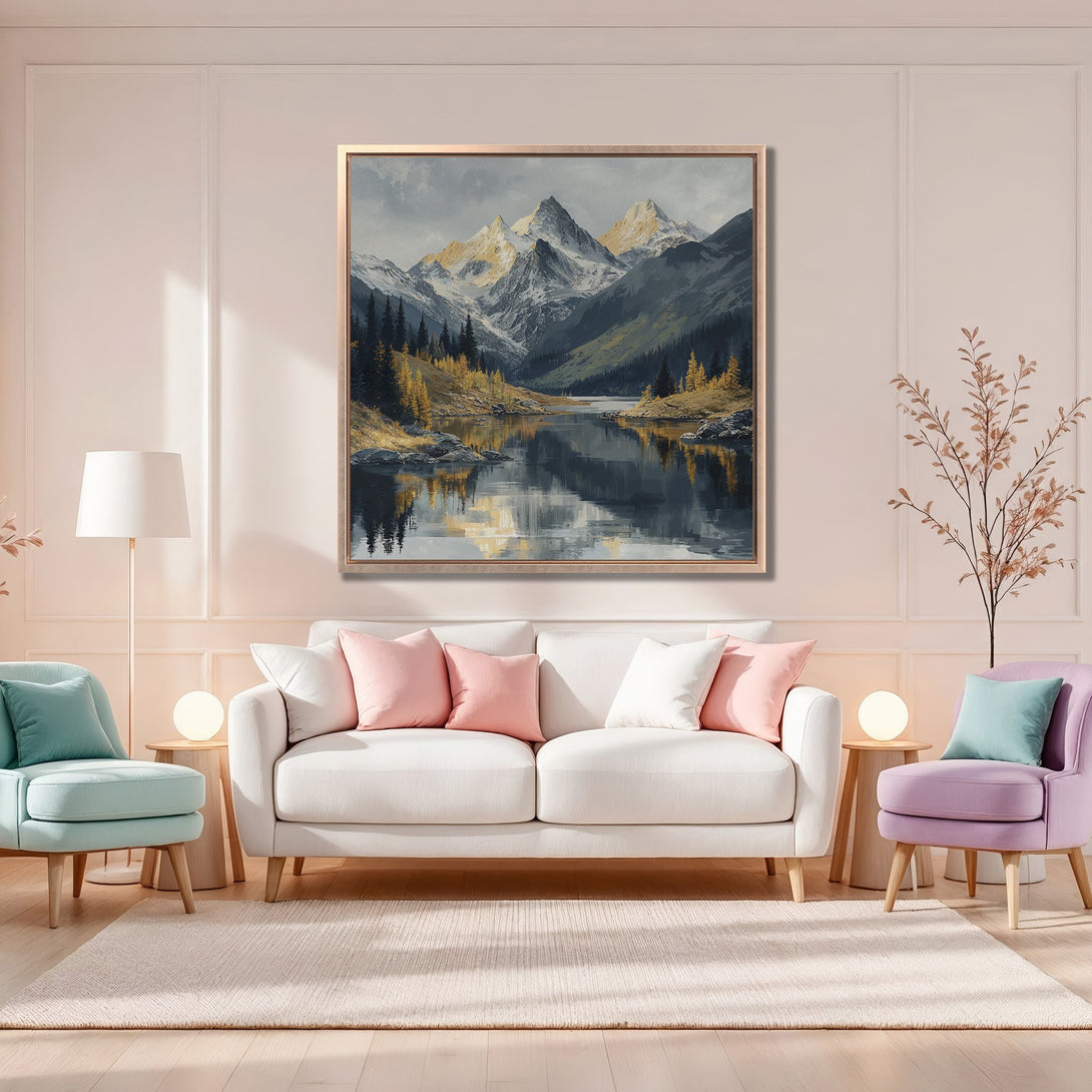 Framed Wall Art: Stunning mountain landscape canvas print in a neutral color palette, perfect for adding a touch of nature to your living room. Shop now!