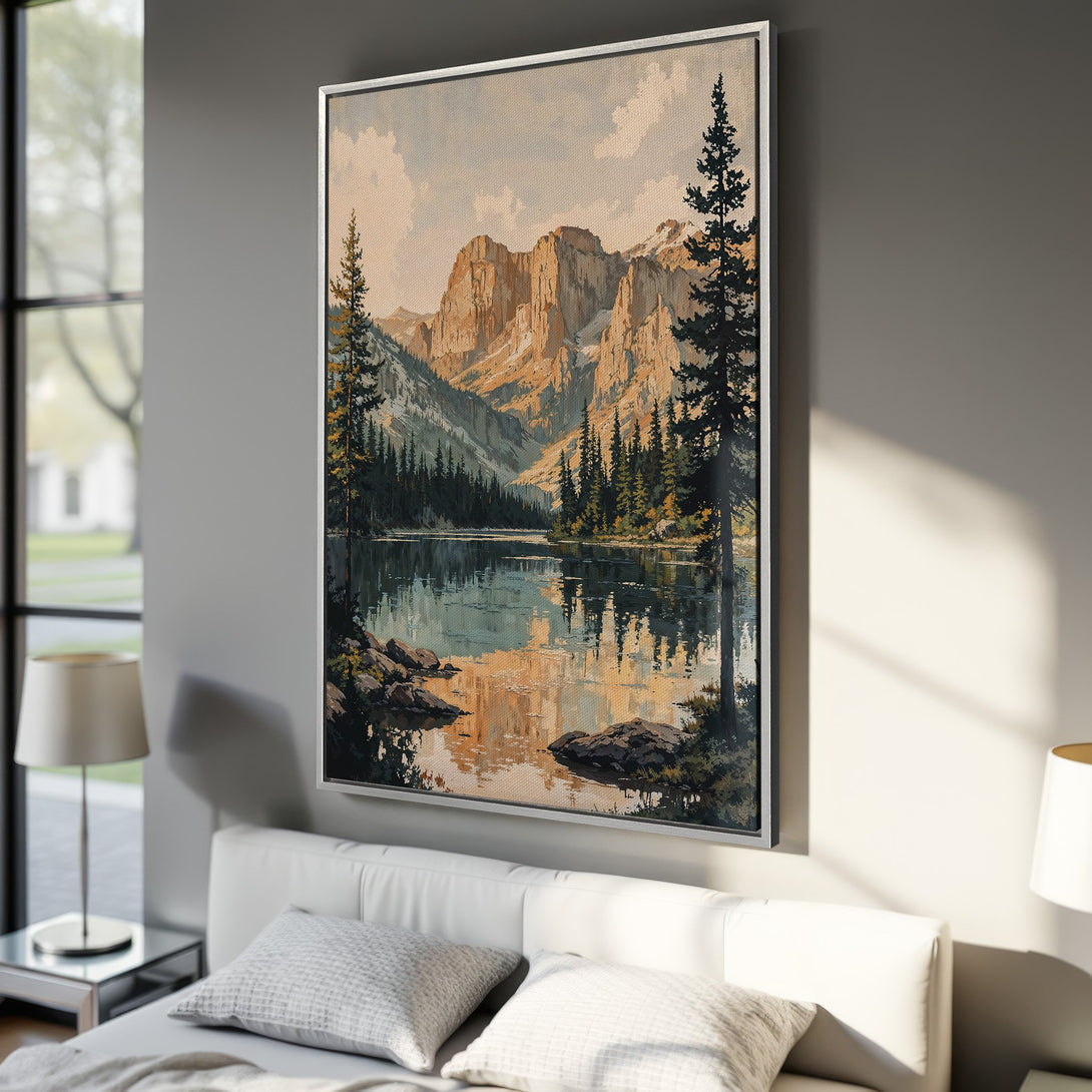 Framed Wall Art: Stunning mountain landscape Canvas Print in warm, earthy tones. Perfect for adding a touch of nature and serenity to your home decor.