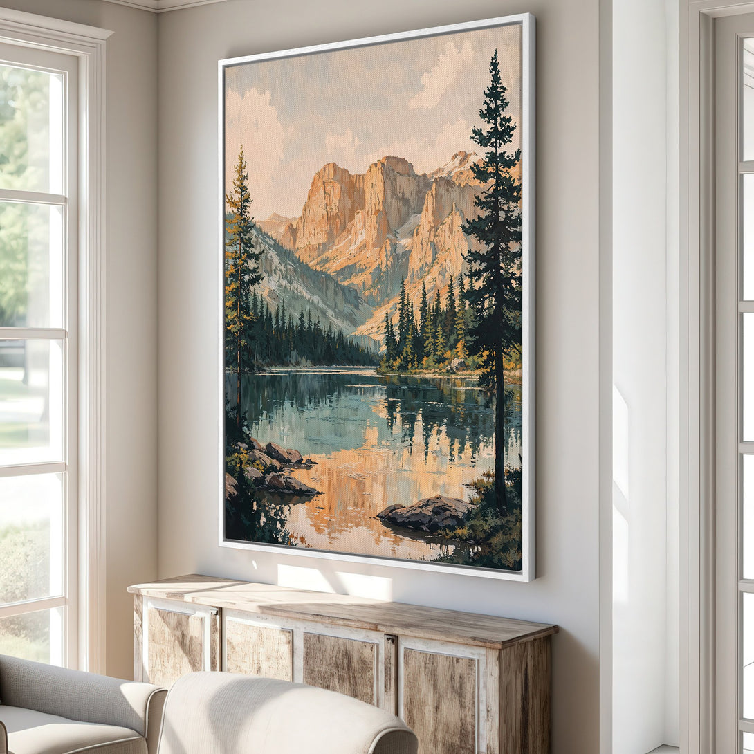 Framed Wall Art featuring a serene mountain lake scene in warm, earthy tones. Perfect for adding a touch of nature and tranquility to your home decor.