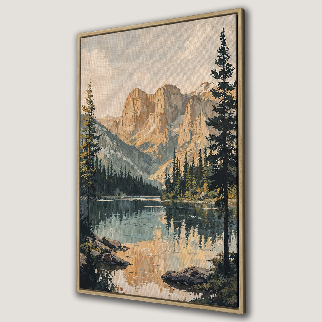 Framed Wall Art: Mountain lake landscape canvas print in warm tones. Nature-inspired artwork with serene reflections, perfect for adding a touch of tranquility.