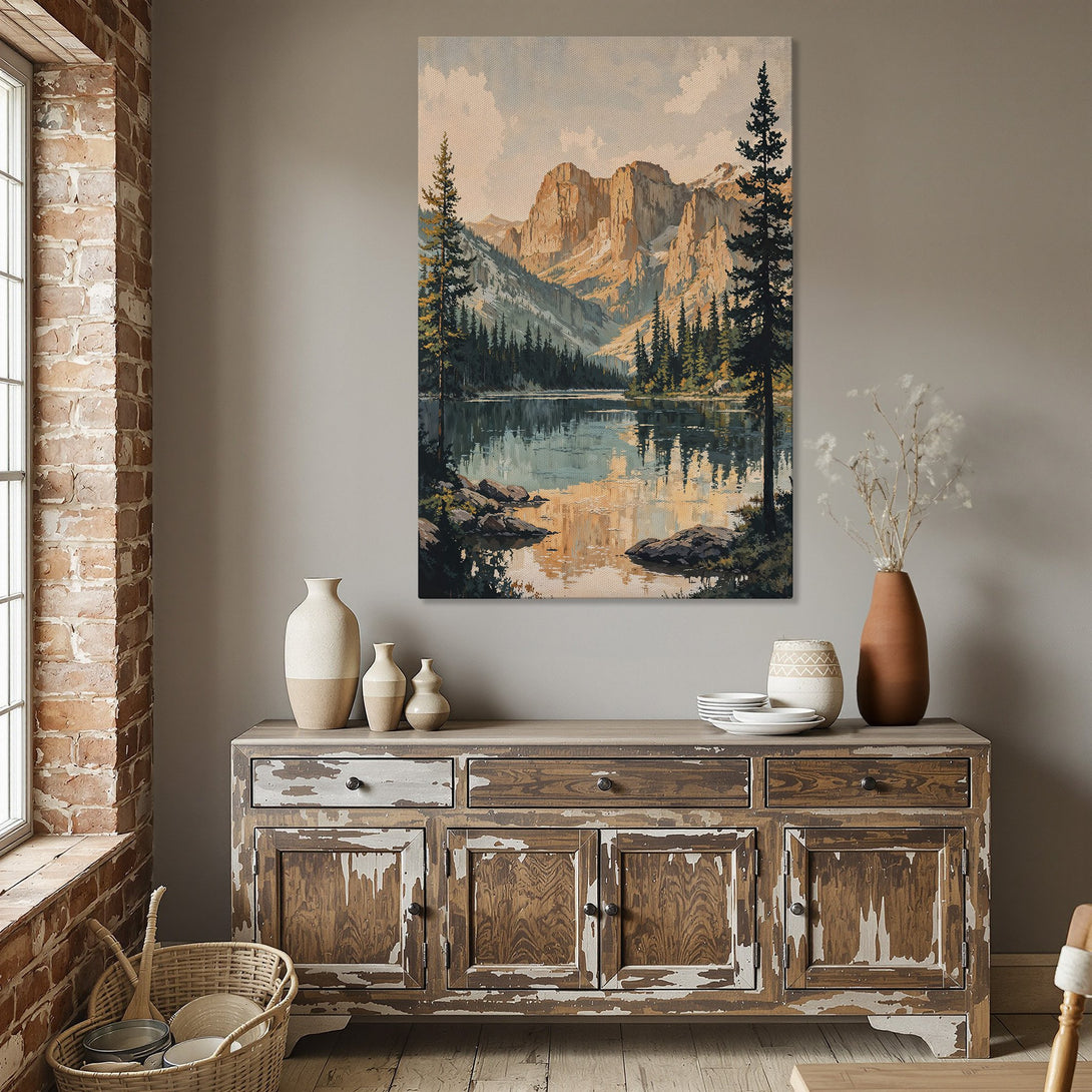 Framed Wall Art: Mountain lake landscape Canvas Print in warm tones. Create a cozy dining room with this nature-inspired art piece.