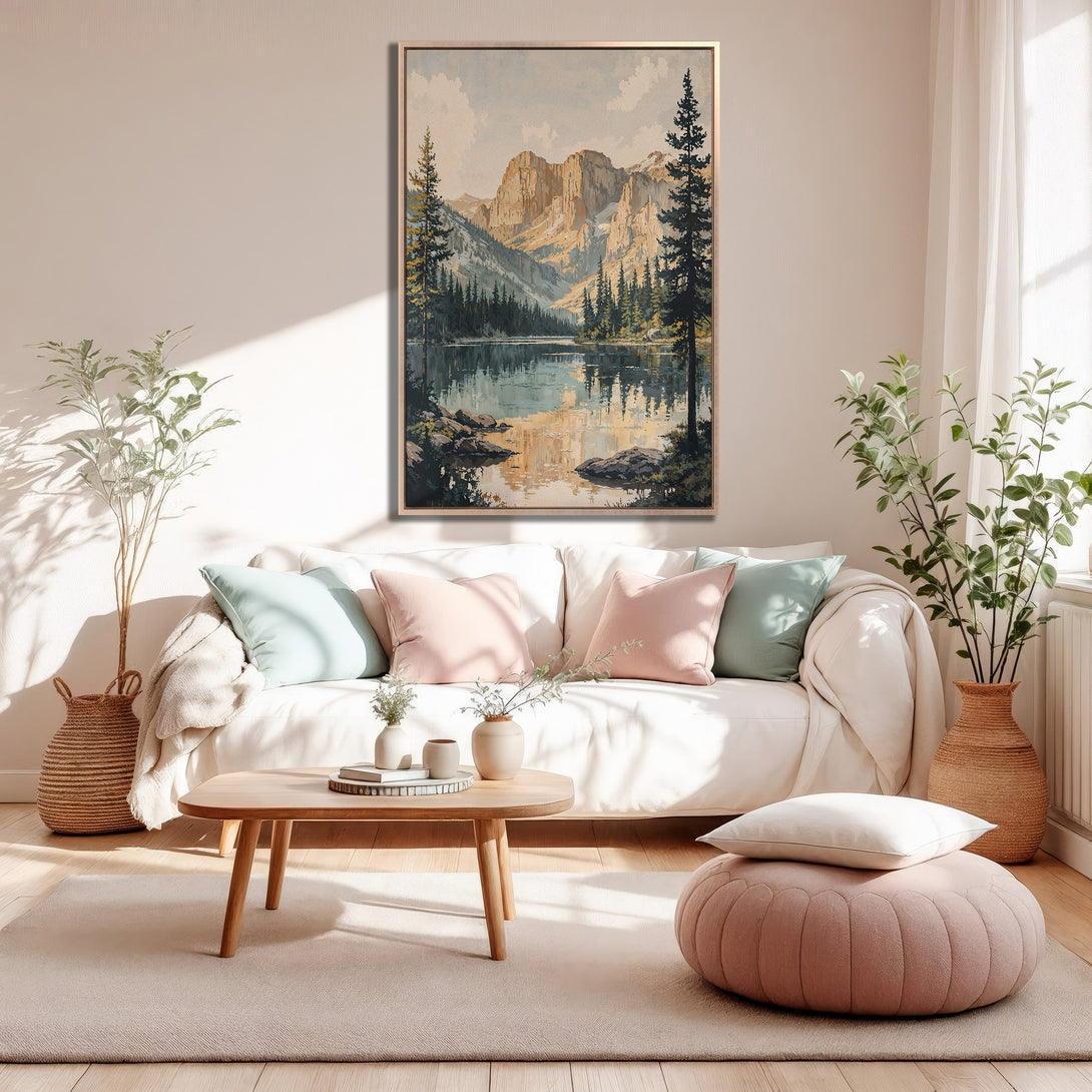 Framed Wall Art of a serene mountain lake scene in a warm, neutral color palette, perfect for adding a touch of nature to your living room.