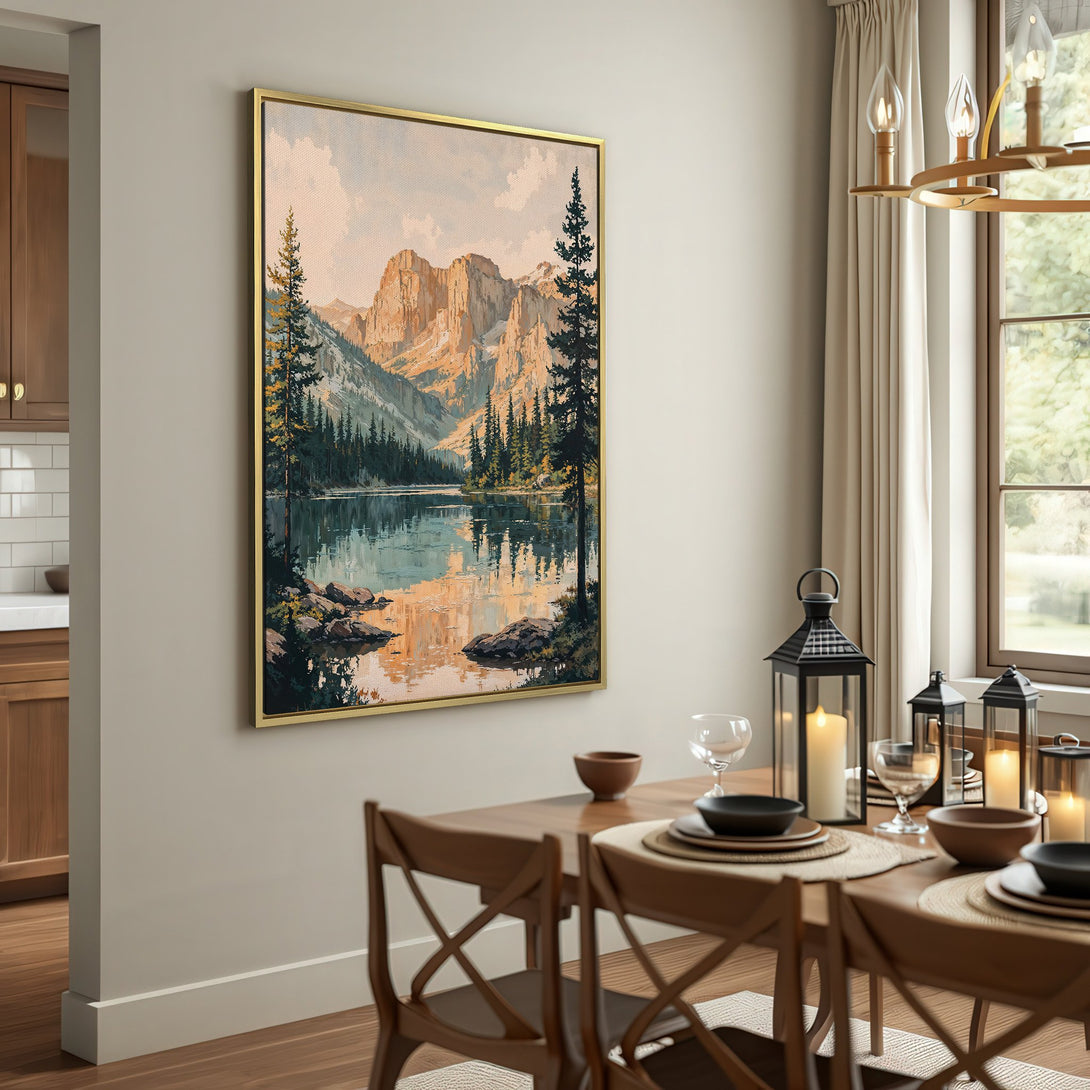 Canvas Print of a serene mountain lake scene in warm, earthy tones. Rustic, vintage style art perfect for adding a touch of nature to your home.