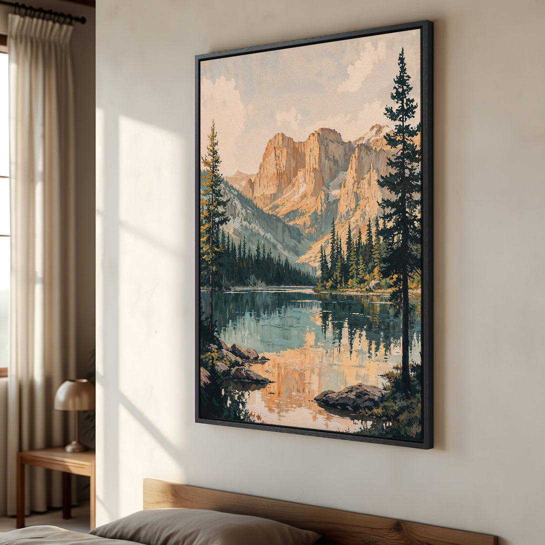 Framed Wall Art: Mountain lake landscape Canvas Print, neutral color palette, perfect for adding a touch of nature's beauty to any room.