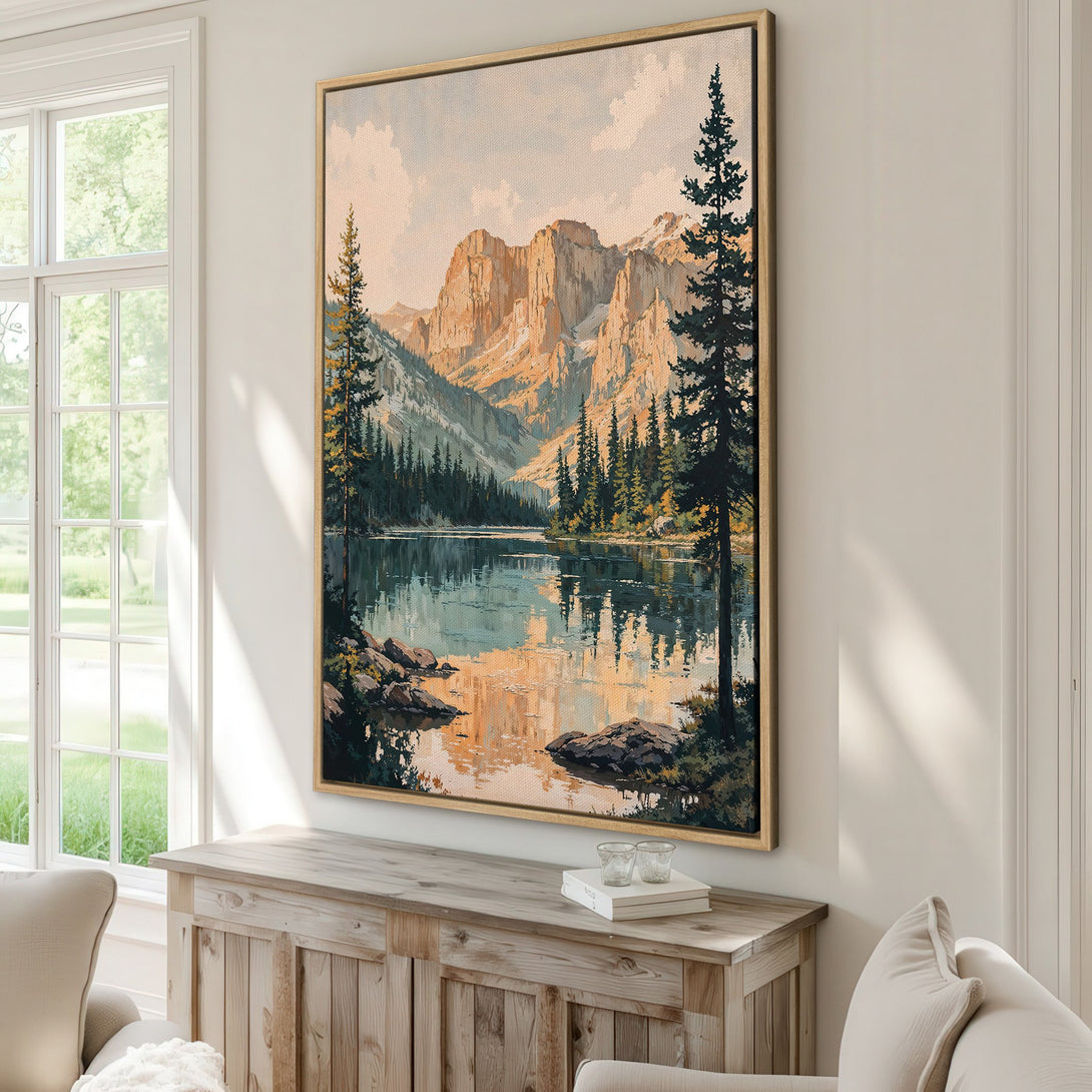 Framed Wall Art: Mountain lake landscape Canvas Print in warm tones. Bring nature's beauty indoors with this stunning artwork in a serene, neutral palette.