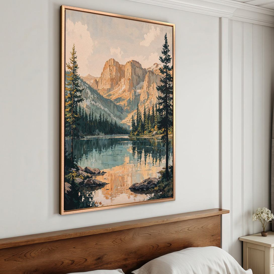 Framed Wall Art: Mountain lake landscape print in warm tones. Rustic style canvas print for cozy home decor. Earthy color palette.