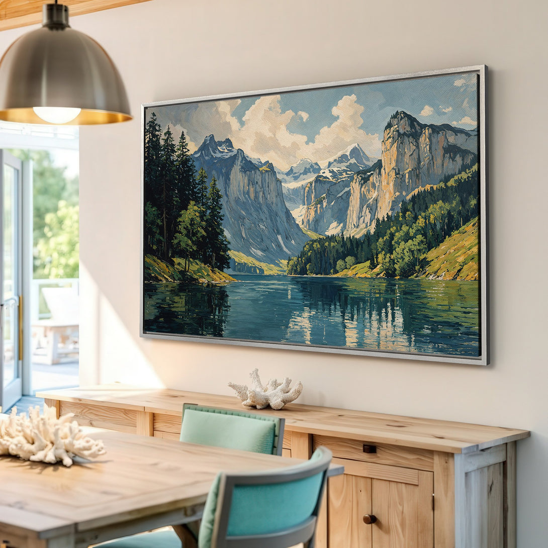 Framed Wall Art: Mountain landscape Canvas Print in cool blues and greens. Adds serenity to any space. Shop now for stunning wall decor!