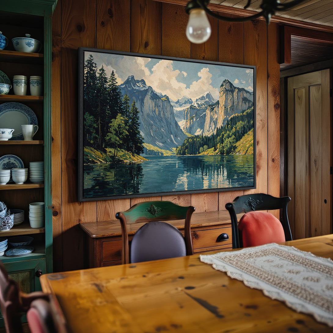 Framed Wall Art: Mountain landscape Canvas Print in a cozy interior. Featuring a serene lake scene with a cool blue, green, and neutral palette. Perfect for home decor.