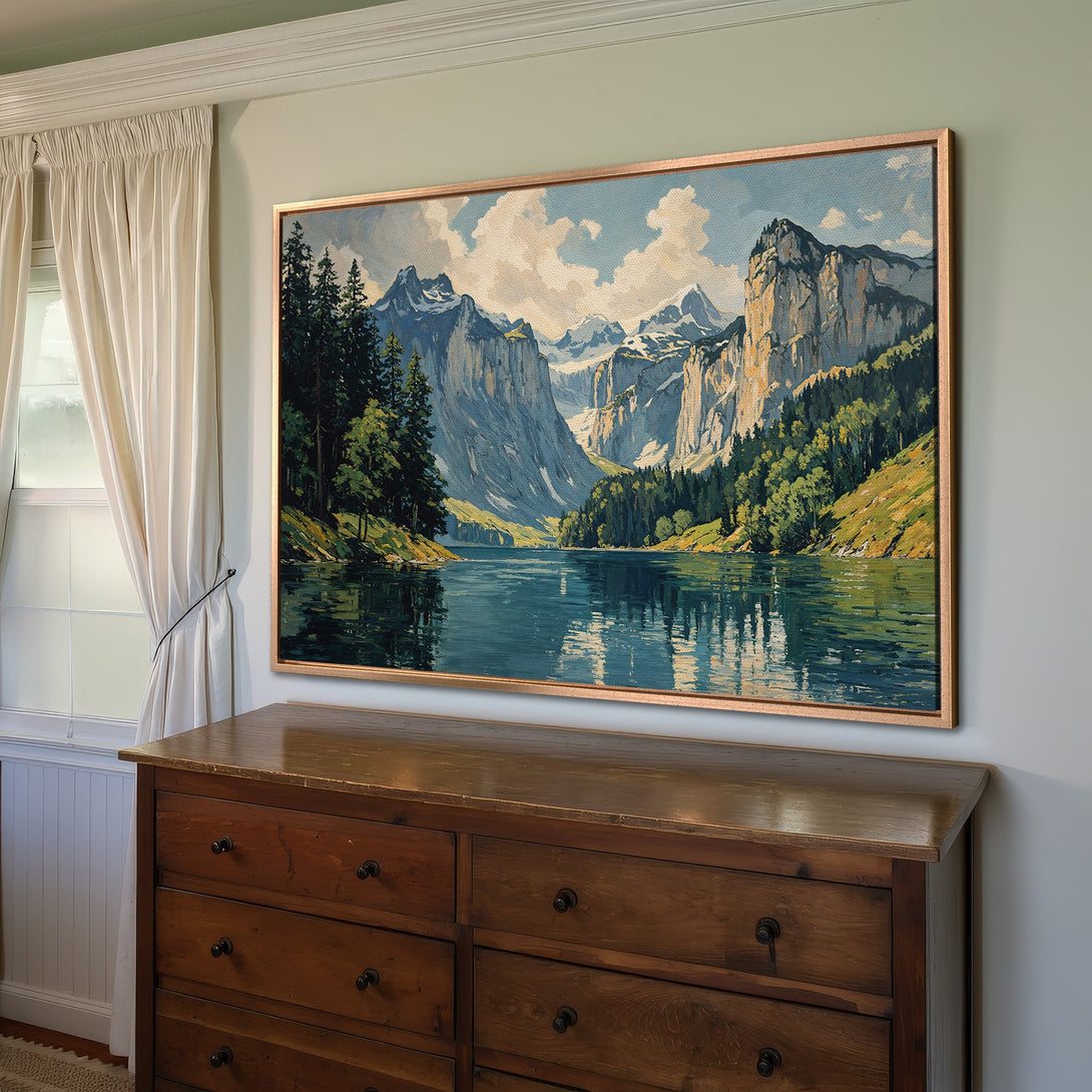 Framed Wall Art: Mountain lake landscape in blue, green, and tan hues. Stunning artwork for your home. Add a touch of nature!