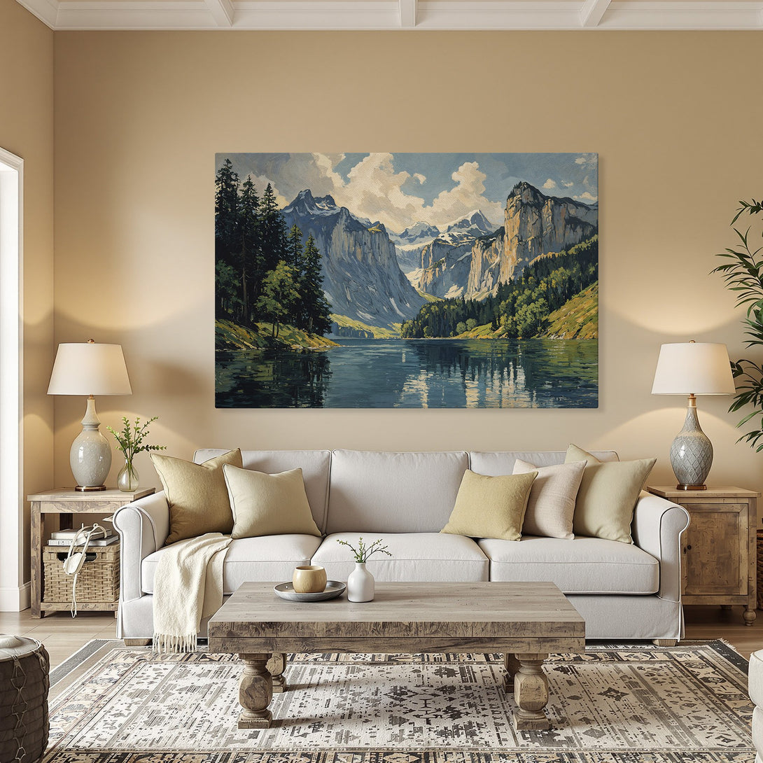 Framed Wall Art of a mountain lake landscape in a classic style with blues, greens, and golds, displayed in a dining room setting.