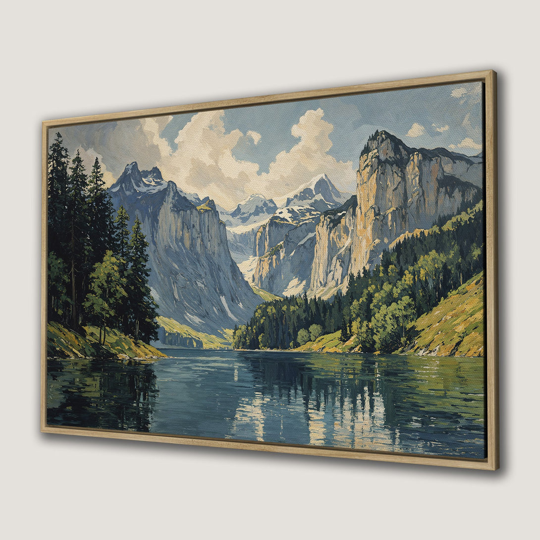 Canvas Print of a serene mountain lake landscape in a vintage style, featuring cool blues, greens, and earth tones. Perfect wall art for any room!