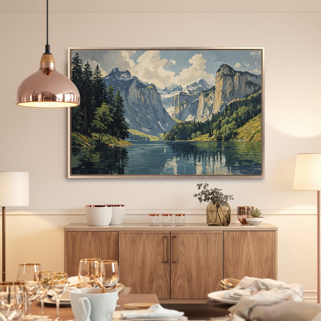 Framed Wall Art: Mountain landscape canvas print in blue, green, and neutral tones. Perfect for adding a touch of nature to your home decor.