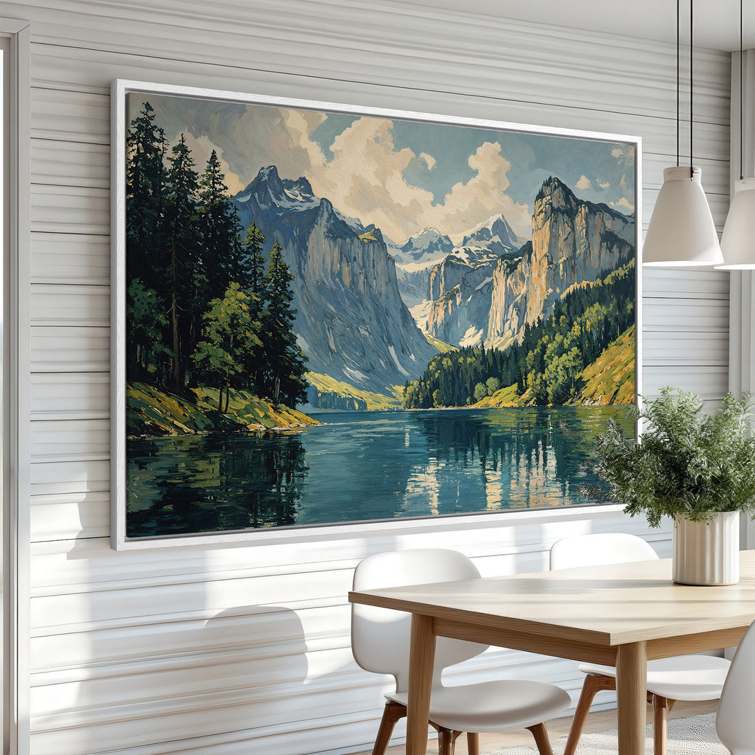 Framed Wall Art featuring a serene mountain landscape in a classic style, with a cool blue and green color palette, perfect for any home decor.
