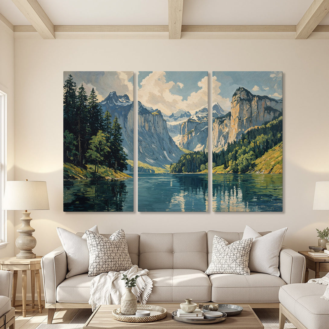 Canvas Print of a serene mountain lake scene. Featuring a cool blue and green palette, this artwork adds a touch of nature to any interior.