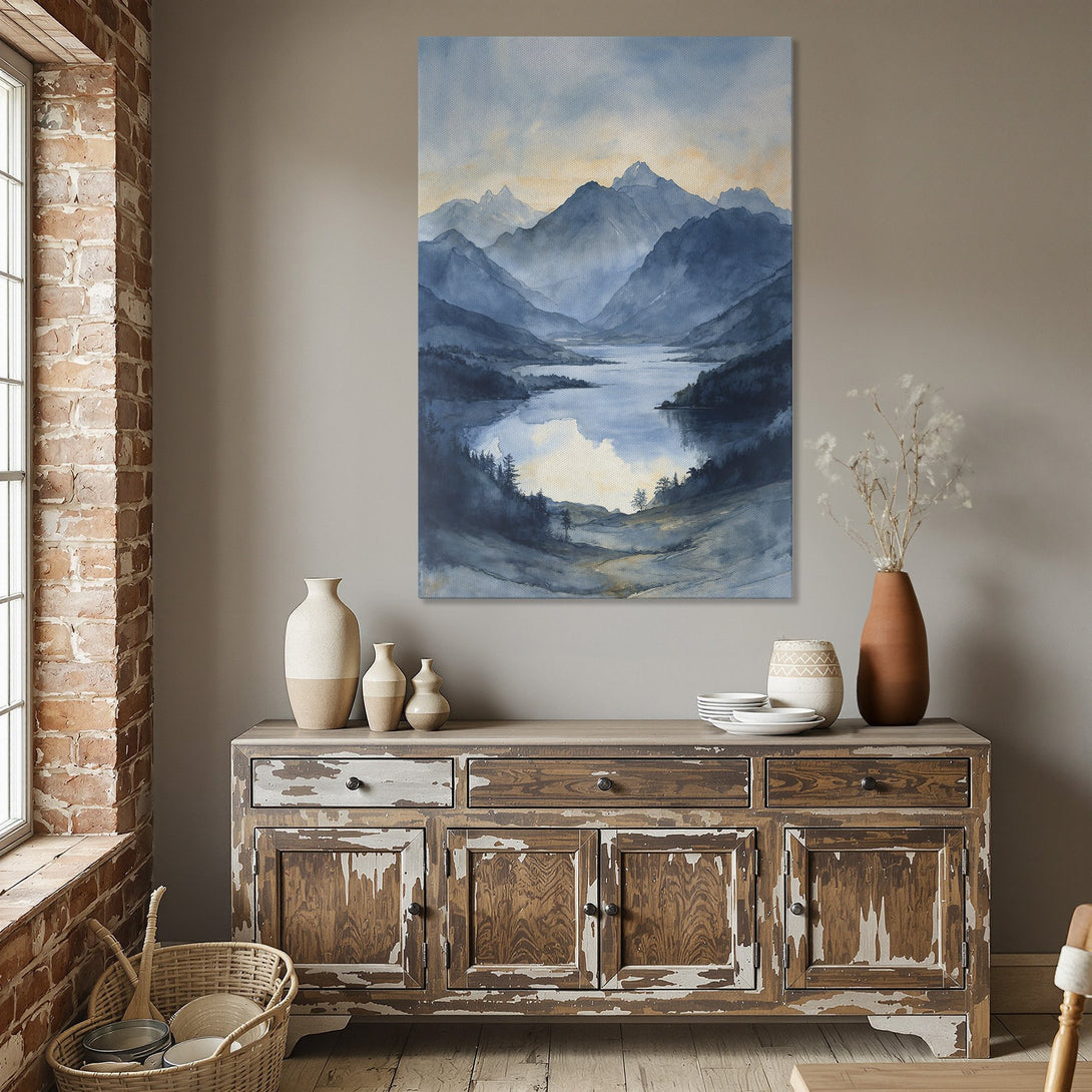 Framed Wall Art: Watercolor landscape Canvas Print in blue tones. Serene mountain and lake scene, perfect for adding a touch of nature to your home decor.