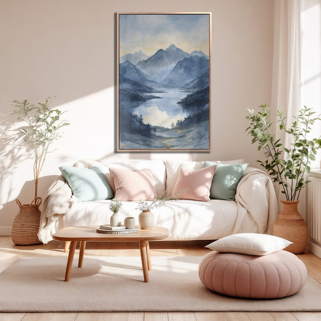 Framed Wall Art: Watercolor mountain landscape in blue and gold tones. Serene artwork for a calming interior. Elevate your home decor today!