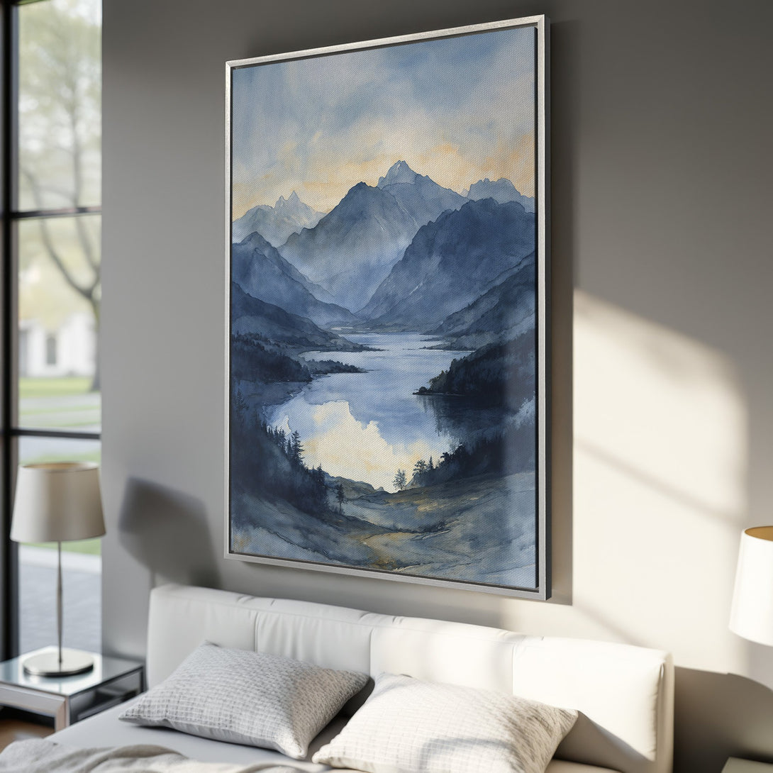 Framed Wall Art: Watercolor landscape Canvas Print in blue hues. Serene mountain and lake scene, perfect for bedroom decor. Enhance your home with calming art.