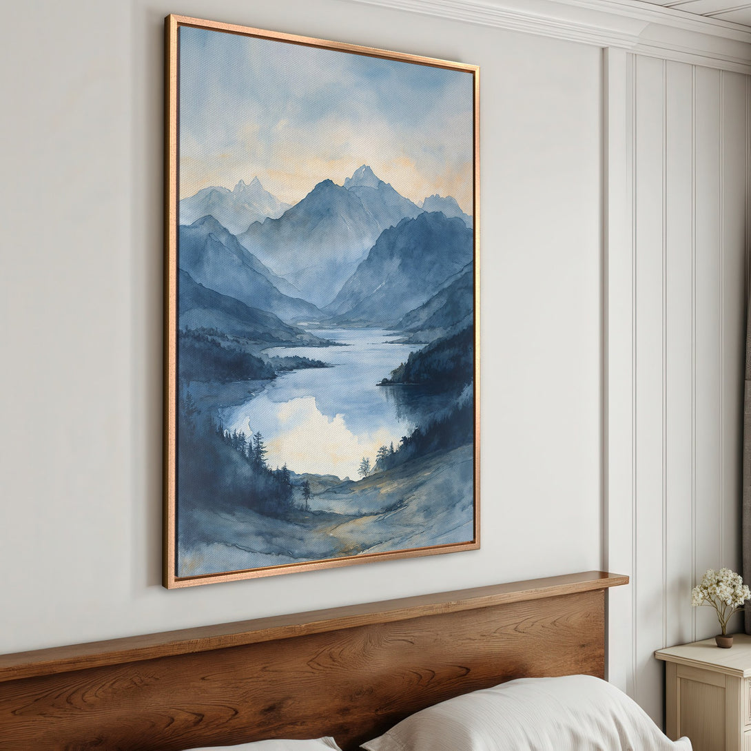 Framed Wall Art: Watercolor landscape Canvas Print in blue hues. Serene mountain scene with a gold frame, perfect for adding a touch of nature to your home decor.