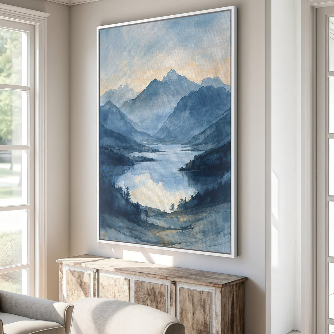 Framed Wall Art: Watercolor landscape Canvas Print in blue tones. Serene mountain and lake scene, perfect for adding a touch of nature to your home decor.
