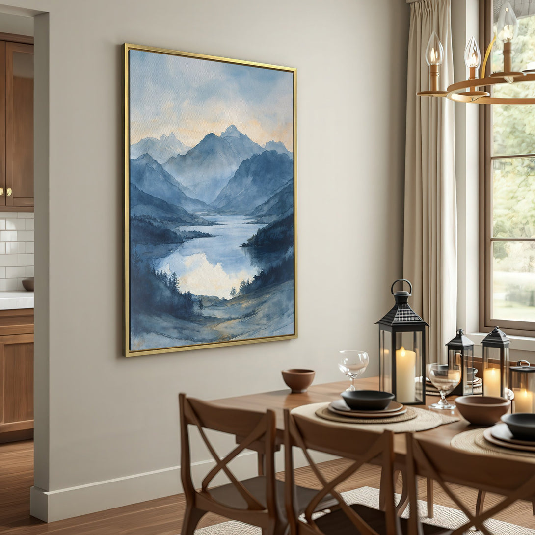 Canvas Print of a serene watercolor landscape in blue tones, perfect for adding a calming touch to any room.
