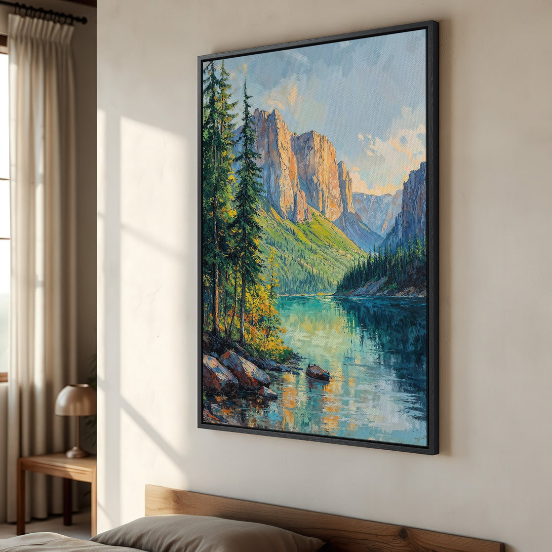 Framed Wall Art: Landscape painting of a serene lake and mountains, with a vibrant blue, green, and yellow color palette. Perfect for home decor.