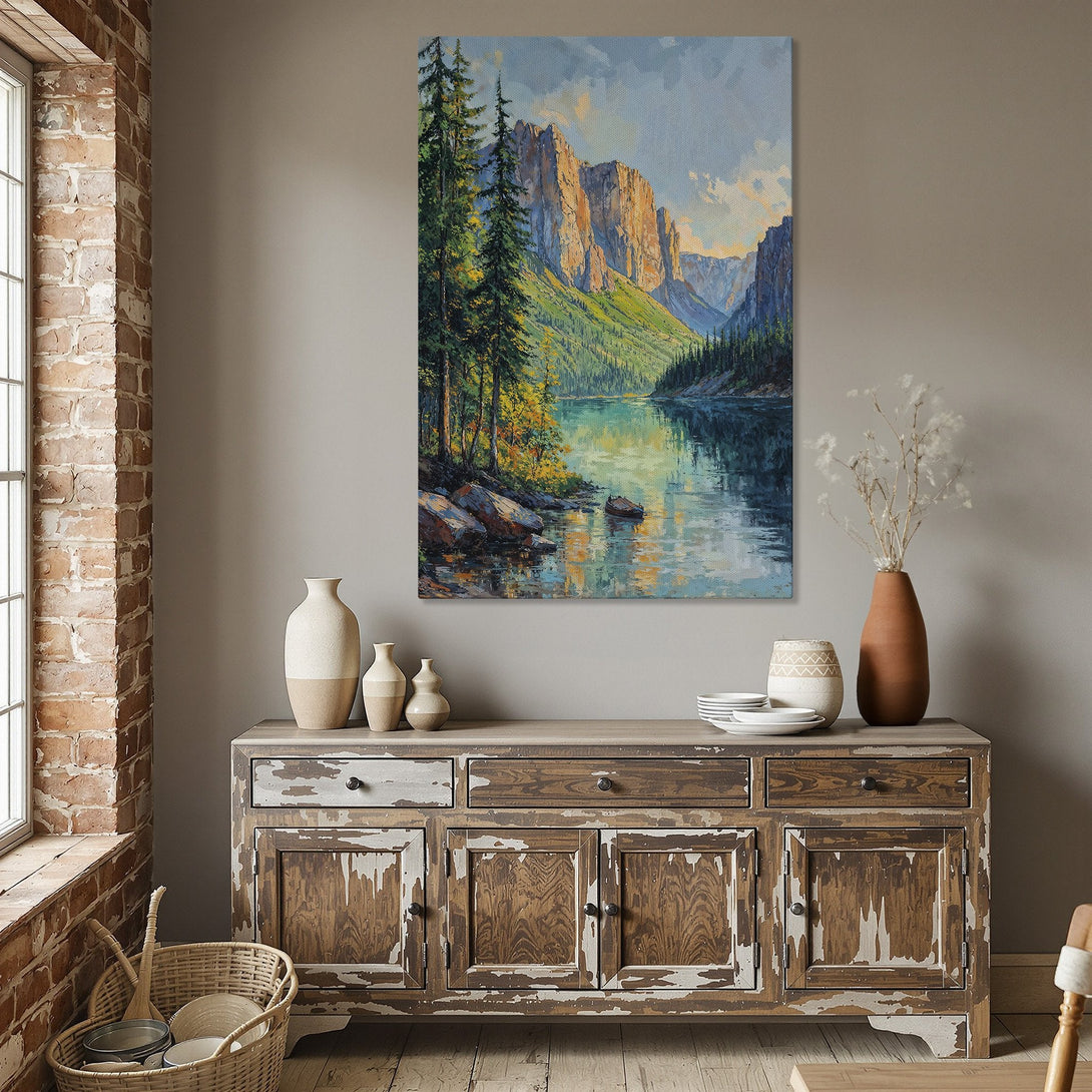 Framed Wall Art: Stunning landscape Canvas Print with a vibrant palette of blues, greens, and golds. Perfect for adding a touch of nature to your home decor.