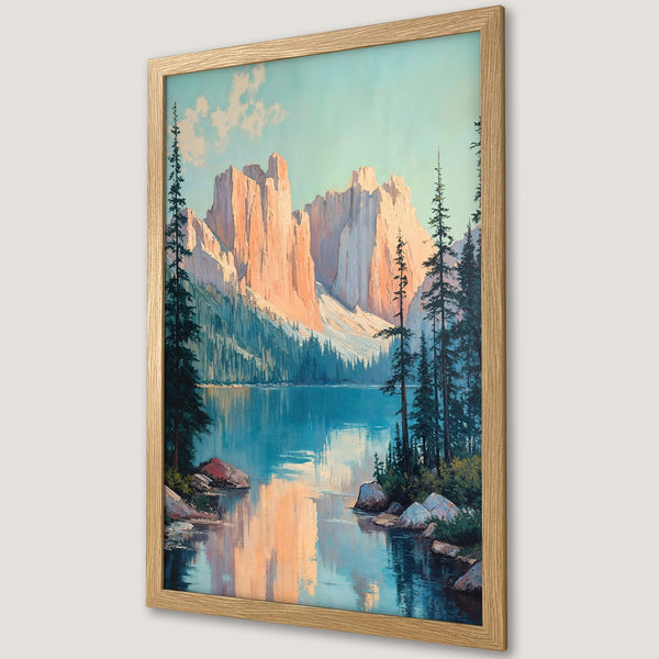 Framed Poster of a serene mountain lake landscape in a painterly style with a calming blue and peach color palette.