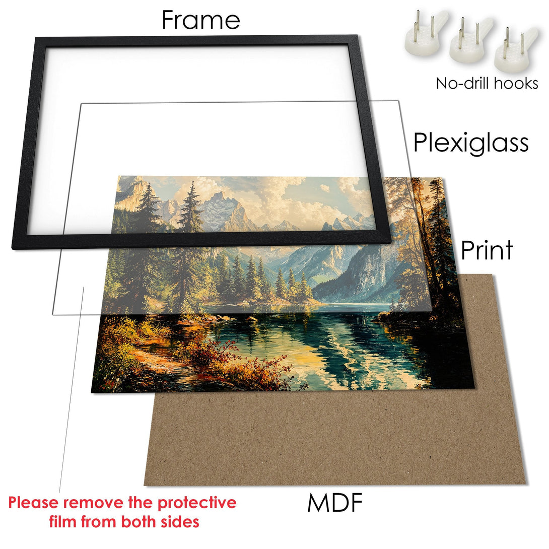 Framed Poster of a serene landscape painting. Warm color palette with blues, greens, and golds. Perfect wall art for your home!