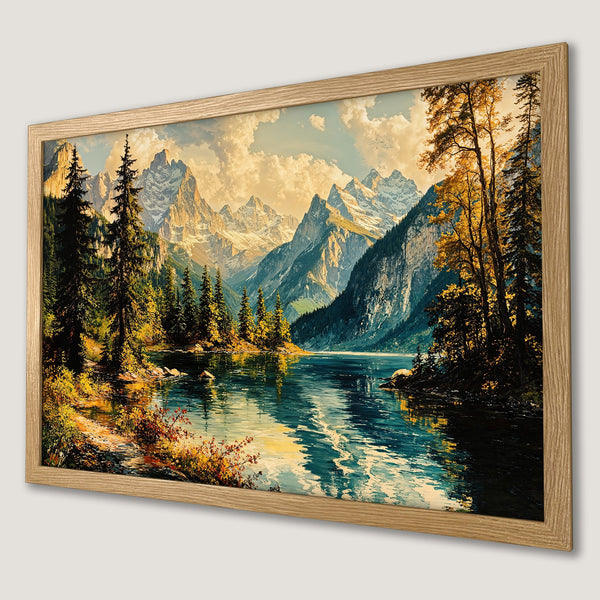 Framed Poster of a mountain lake landscape in a warm, natural color palette. Bring nature's beauty into your home!