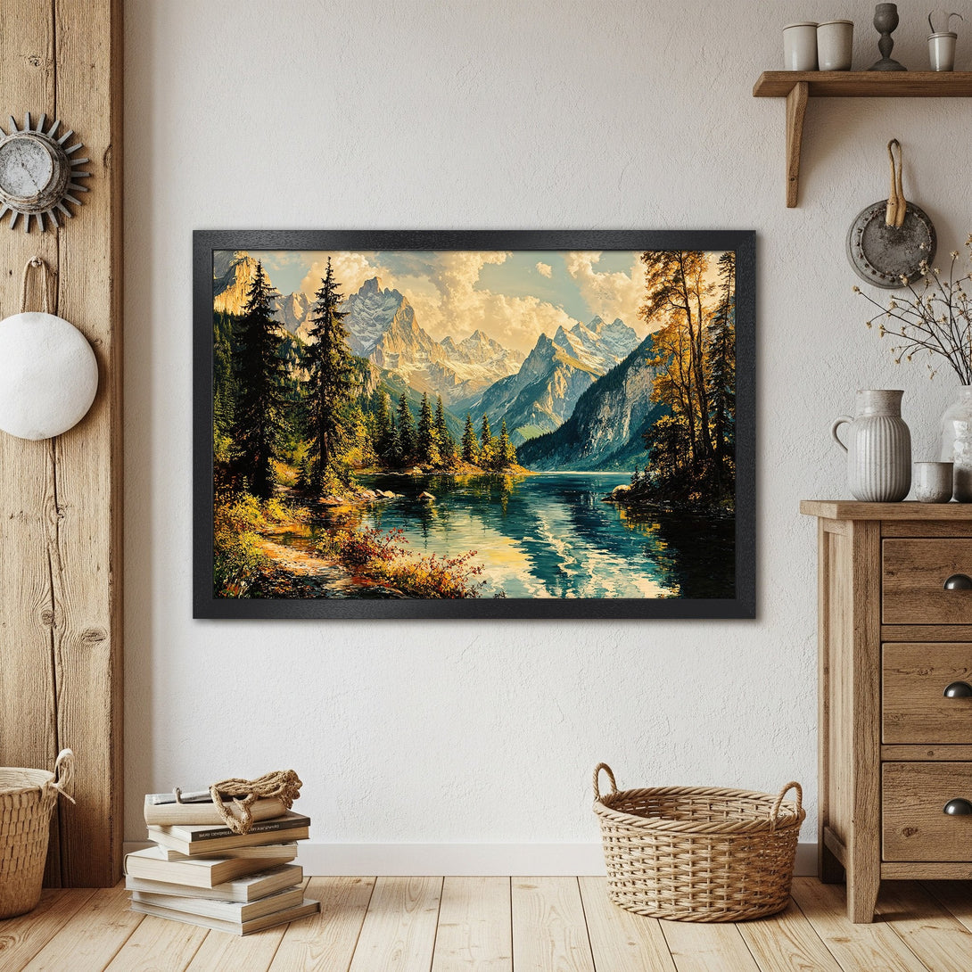Framed Poster of a mountain lake scene, featuring a serene landscape painting in a warm, natural color palette. Perfect wall art!