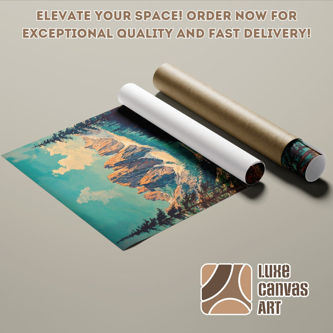 Poster Roll featuring a scenic mountain landscape painting in a vibrant teal and earth-tone palette. Elevate your space!