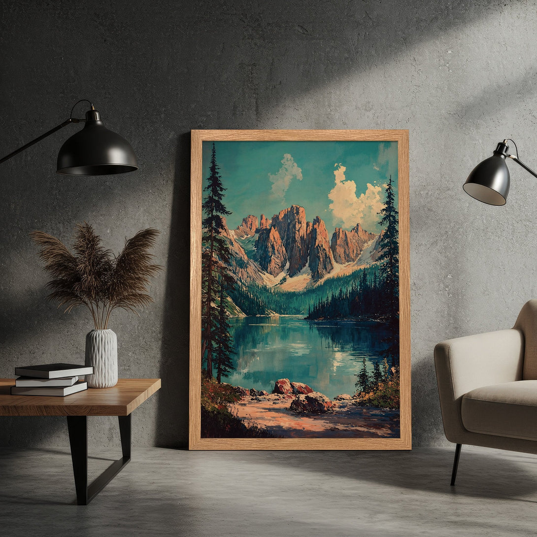 Framed Poster of a serene mountain lake scene in a vintage style, featuring a blue, green, and brown color palette. Perfect wall art!