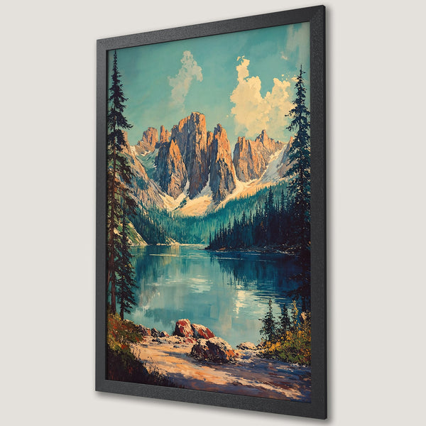 Framed Poster of a serene mountain lake landscape. Artistic style with a calming blue, green, and gold color palette. Perfect wall art for any room.