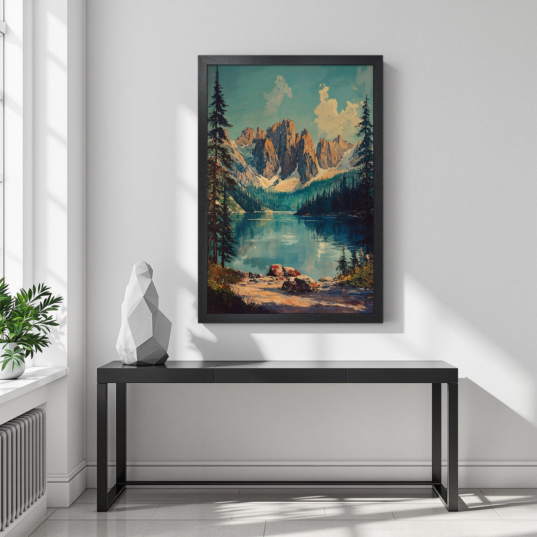 Framed Poster of a mountain lake landscape, featuring a serene blue and green color palette. Perfect wall art for your home!
