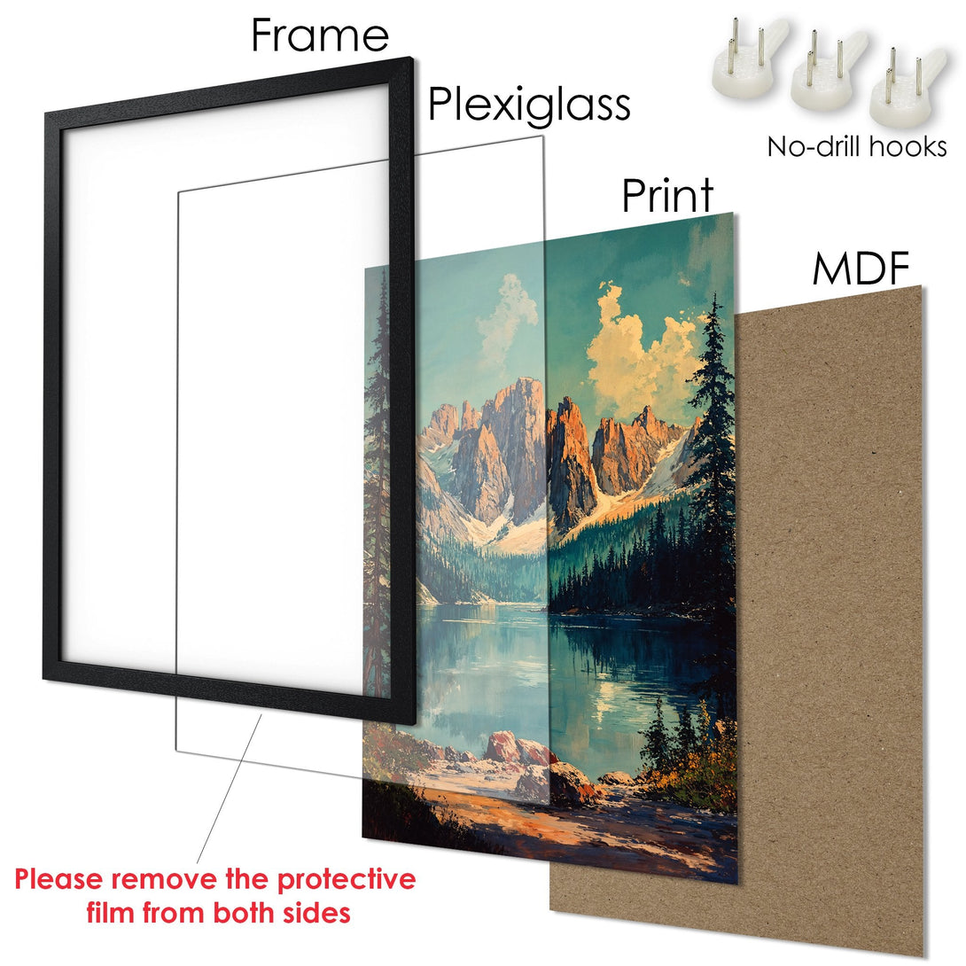 Framed Poster of a mountain landscape in a vintage style, featuring a blue and gold color palette. Ready to hang!