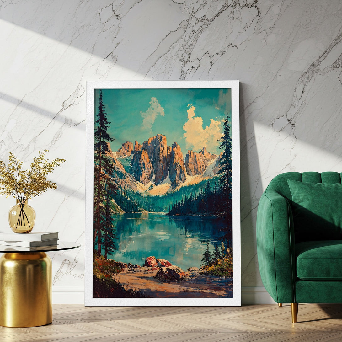 Framed Poster featuring a serene mountain lake landscape painting in a vintage style with a teal and gold color palette. Perfect wall art!
