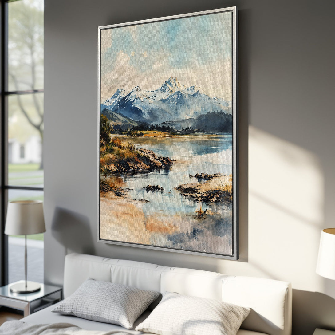 Framed Wall Art Canvas Print of a serene mountain lake watercolor painting. Soft blue, beige, and green color palette. Perfect for bedroom decor.