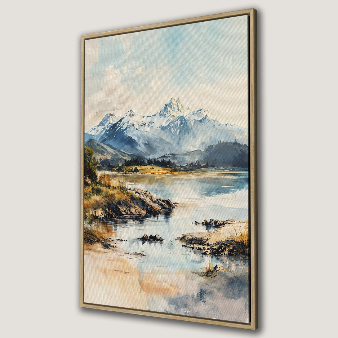 Framed Wall Art featuring a watercolor landscape of mountains and a lake. Soft blues, greens, and beige tones create a serene, natural aesthetic perfect for home decor.