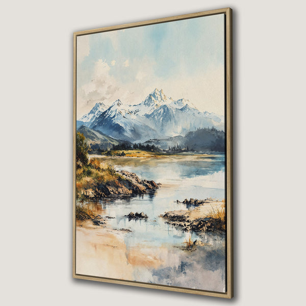 Framed Wall Art featuring a watercolor landscape of mountains and a lake. Soft blues, greens, and beige tones create a serene, natural aesthetic perfect for home decor.